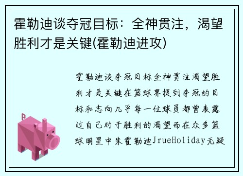 霍勒迪谈夺冠目标：全神贯注，渴望胜利才是关键(霍勒迪进攻)