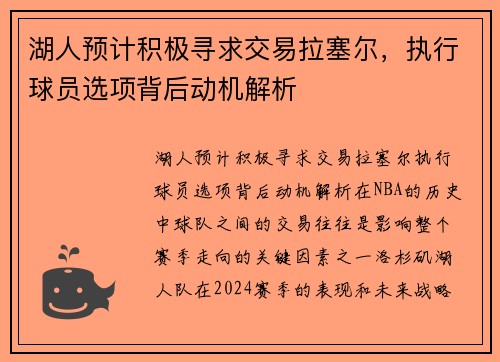 湖人预计积极寻求交易拉塞尔，执行球员选项背后动机解析
