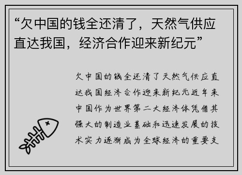 “欠中国的钱全还清了，天然气供应直达我国，经济合作迎来新纪元”
