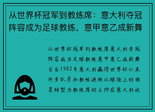 从世界杯冠军到教练席：意大利夺冠阵容成为足球教练，意甲意乙成新舞台
